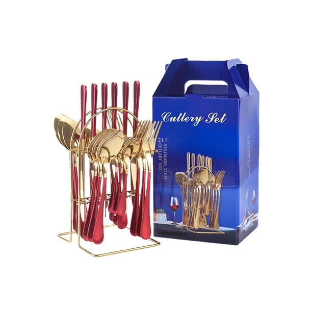 Yuarrent Juego de cuchara y tenedor de 24 pack/lote hecho de acero inoxidable que garantiza una larga duración, resistente y duradera Mostrada oro rojo
