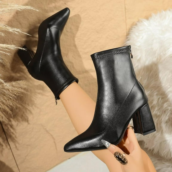 Tawop Womans Boots Chunky Low Heel Zipper Pointy Toe Fall Black Boots