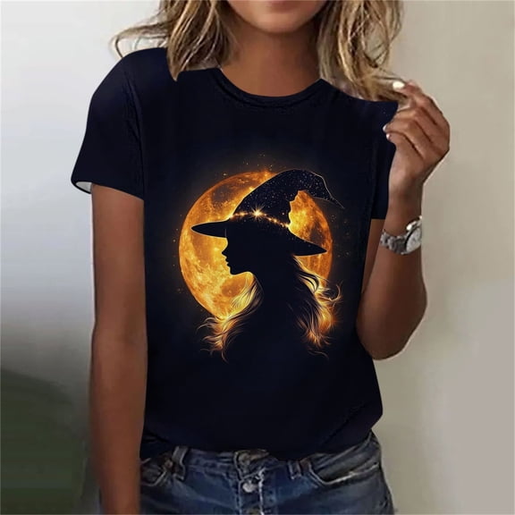 VKOYWKM Halloween T-Shirts for Women Short Sleeve T-Shirt Funny Witch Graphic Tees Fall Crew Neck Spooky Tops