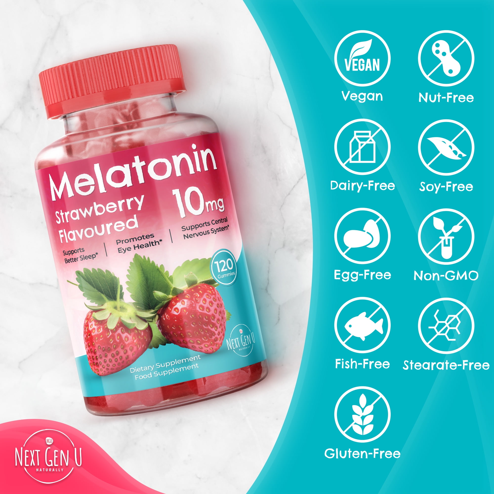 Next Gen U Melatonin Strawberry Flavored Dietary Supplement, 10mg, 120 Vegan Gummies for Restful Sleep