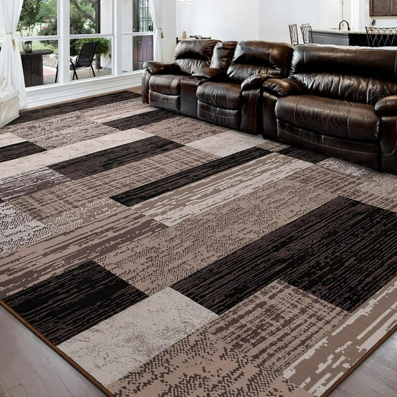 Modern Geometric Patchwork Area Rug, 4x6 Chocolate Large Rugs for Living Room, Rockwood Collection Indoor Rugs for Bedroom, Throw Carpet Floor Decor for Entryway Dining Room Office Nursery
