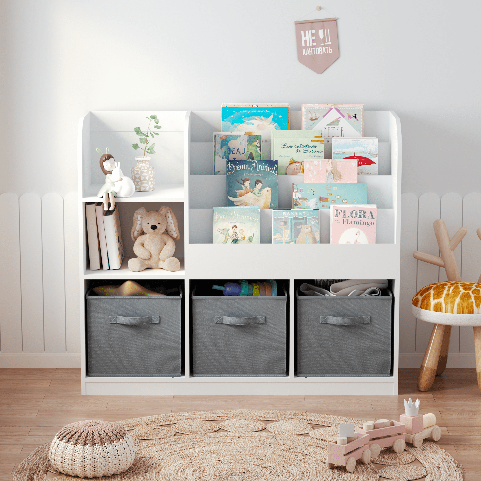 PORKISS Bookshelf for Kids, Wooden Kids Bookcase with 3 Collapsible Fabric Drawers, Modern Bookcase Display Stand, Freestanding Toy Organizer for Children's Room, Playroom, Hallway, White/Gray