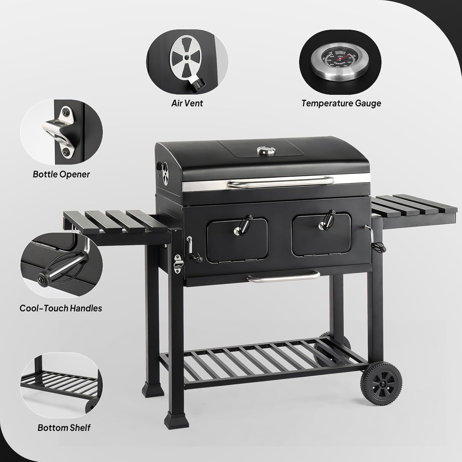 ROVSUN Charcoal Grill with Two Foldable Side Tables, Extra Large Cooking Area of 794 SQIN, Two Individual Lifting Charcoal Trays, Pull-out Ash Tray, Perfect BBQ Grill for Outdoor Picnic, Black