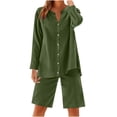 thumbnail image 1 of UAMVSH Women Button down Two Piece Sets Plus Size Cotton Linen Long Sleeve Shirts and Drawstring Bermuda Shorts Beach Outfits(X-Large,Army Green), 1 of 7