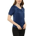 thumbnail image 4 of INSPIRE CHIC Women's Point Neck Button Decor Short Sleeve Satin Blouse S Dark Blue, 4 of 5