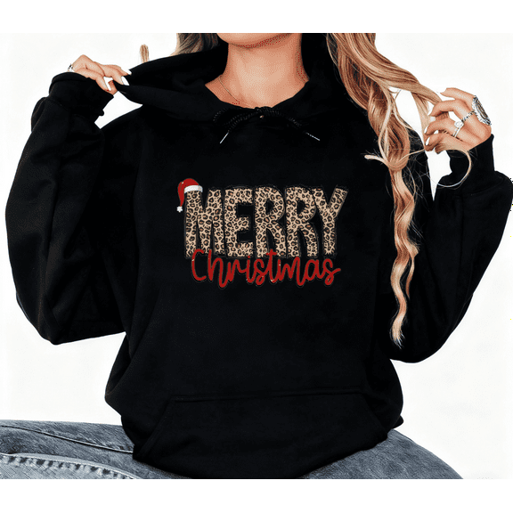 Women's Merry Leopard Christmas Graphic Hoodie Top Casual for Users Festive Graphic Hooded long-sleeved Black S-2XL