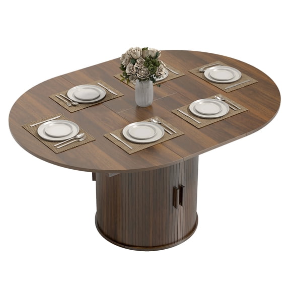 Extendable Dining Table for 6, Farmhouse Kitchen Table with Storage, Walnut