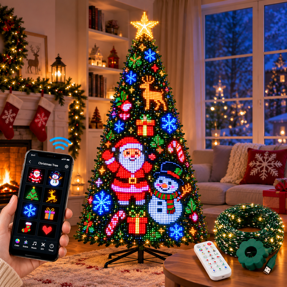 Smart Christmas Tree Lights Controllable via Phone App, 400 addressable LEDs Create 200 Patterns, Custom Designs and animations with app Control, dimming and USB Power