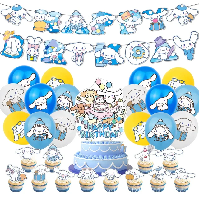 Serie Sanrio, vajilla para fiesta de cumpleaños, pancarta desechable, adorno para tarta, bandera colgante, lindos globos Cinnamoroll, decoración de cumpleaños