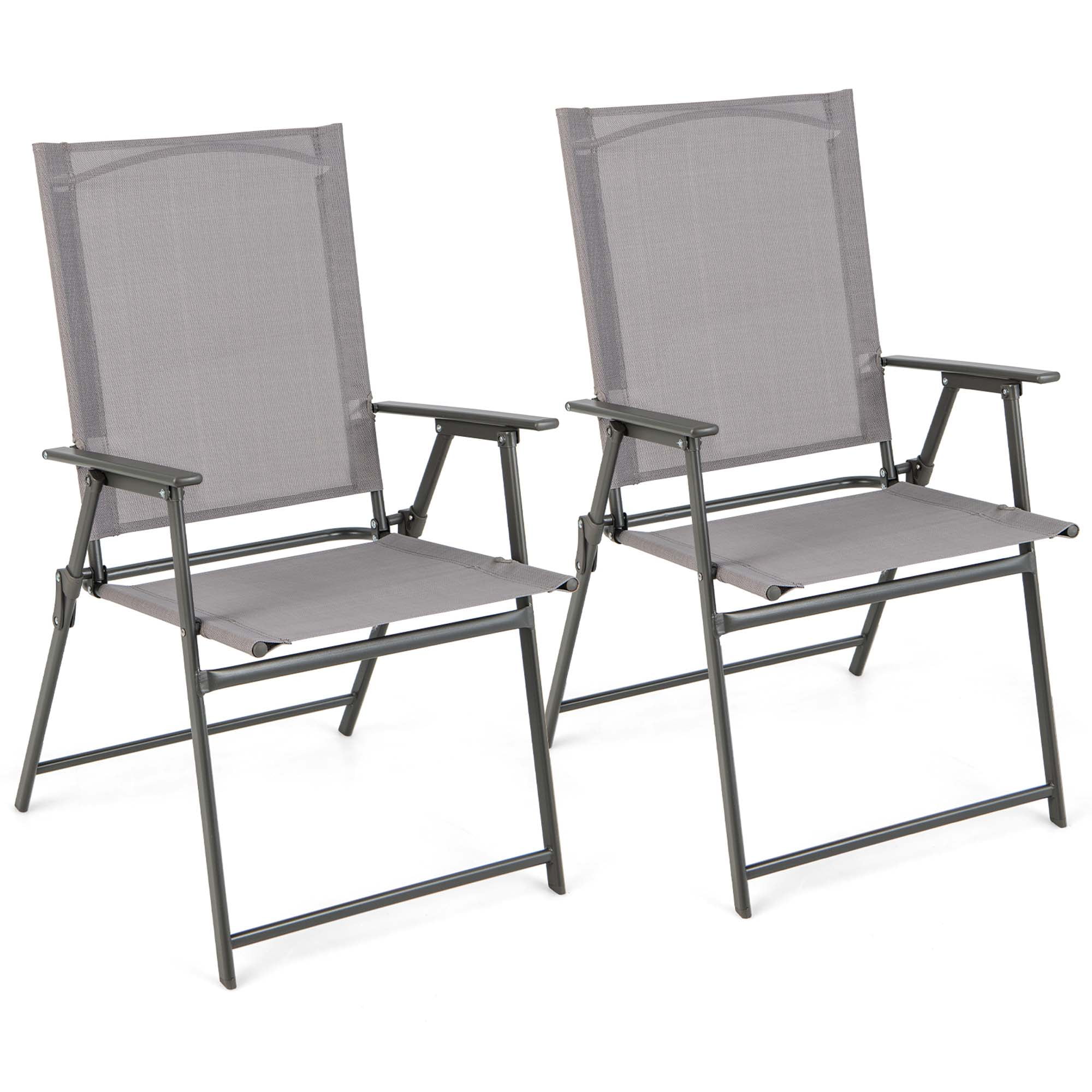 Costway 2pcs Patio Folding Portable Dining Chairs Metal Frame Armrests Outdoor Gray