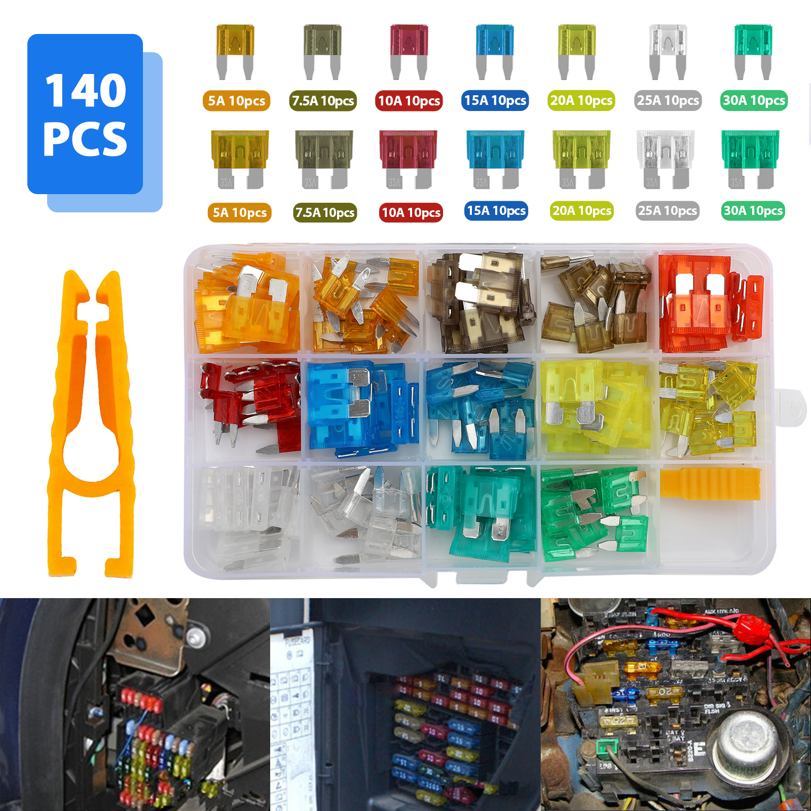 EEEkit 140pcs Assorted Auto Car Truck Mini Standard Blade Fuse Assortment 5A 7.5A 10A 15A 20A