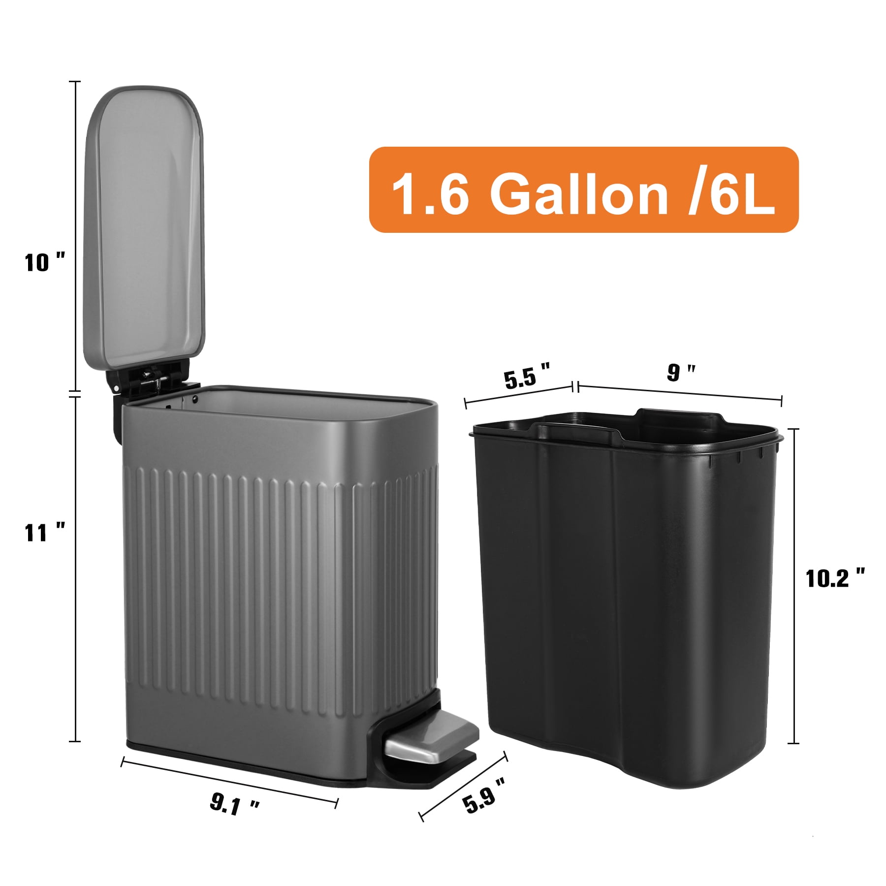 TrashAid 1.6 Gallon Bathroom Trash Can with Lid, Small Stainless Steel Garbage Bin, Gray