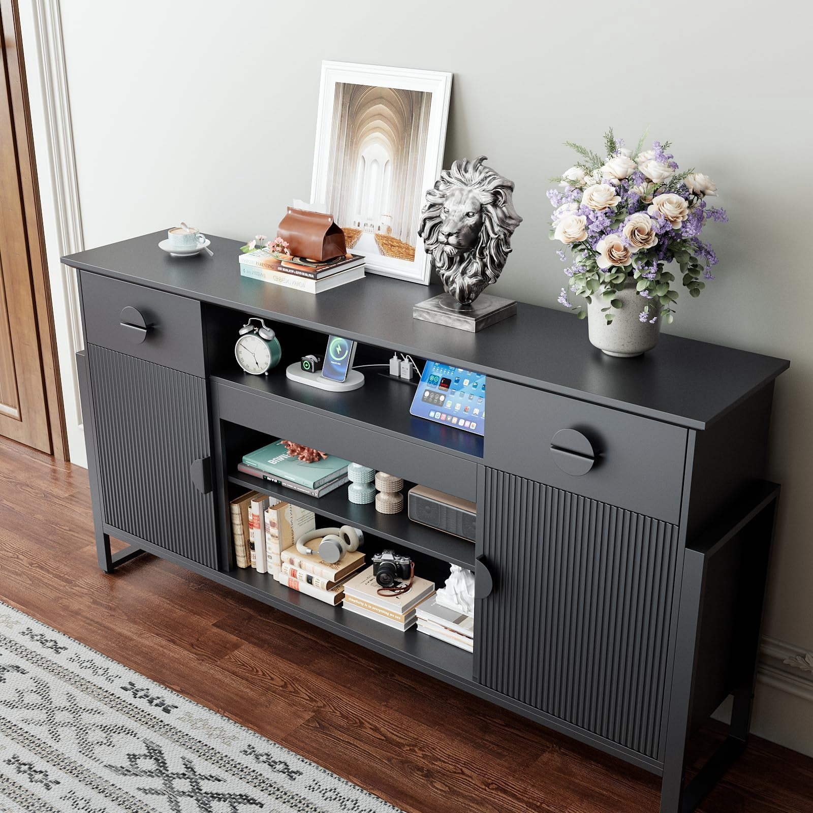 Holliwill Fluted 70" TV Stand for TVs up to 80" with Charging Station, Modern Tall Entertainment Center with Drawers for Living Room, Black