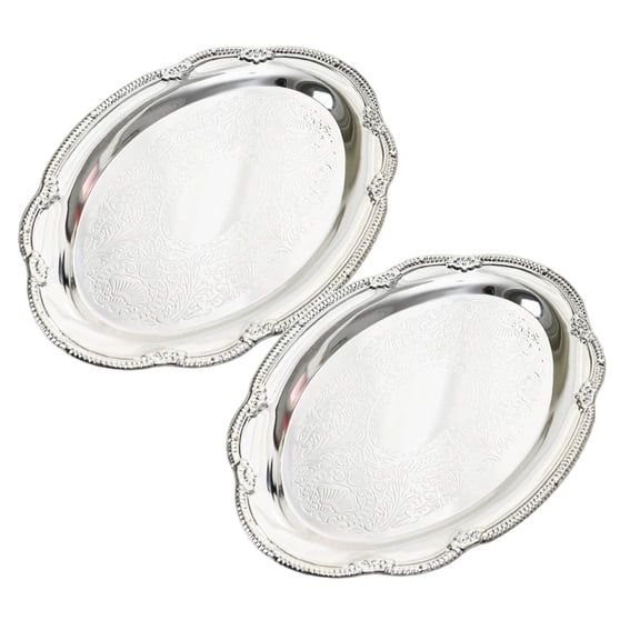 Oval Stainless Steel Platter, Embossed Decorative Platter For Dessert & Appetizers, Wedding Table Decor Tray, 9.65×6.89 Inch Silver Oval Metal Serving Tray Corrosion-Resistant Surface, 2Pcs