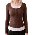 thumbnail image 5 of INSPIRE CHIC Women's Henley Shirts Ribbed Tops Scoop Neck Long Sleeve Contrast Lace Ttim Button Pointelle Front Knit Slim Fit Y2K Casual Going Out Blouses X Small Coffee, 5 of 5