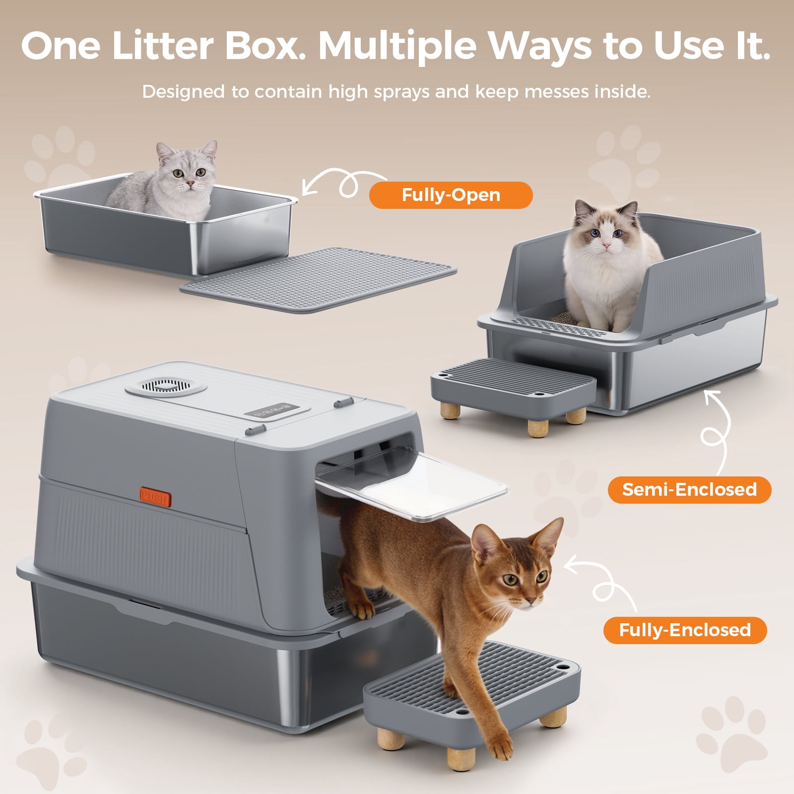 CloudRest Pro Enclosed Stainless Steel Cat Litter Box with Lid, Fresh Air Deodorization System,Pedal,Scoop,Stickers for Indoor Cats Easy to Clean（with No.1 Cartoon Sticker）