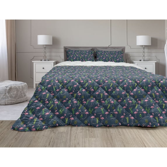 Dark Pink Comforter & Sham Bedding Set, Tropical Flamingos and Cactus Plantation, 3 pcs Duvet Set Microfiber Filling Quilt, 5 Sizes, Petrol Blue Pink Green, by Ambesonne