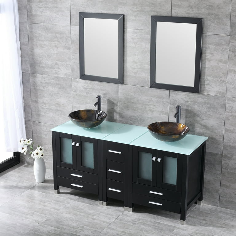 Wonline 60 inch Black Round Double Vessel Sink Vanity Cabinet Tempered Glass Top w/ Mirror, Size: 24.4, Blue