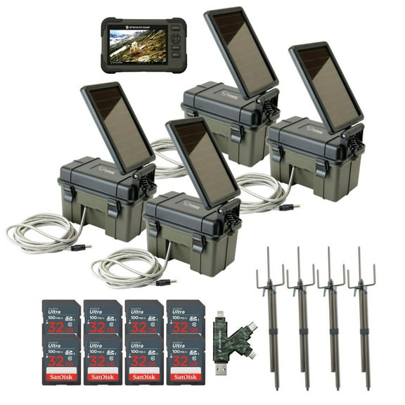 HME Trail Camera 12V with Solar Auxiliary Power Pack (4-Pack) Bundle with SD Card Reader and Viewer (4-Pack), Trail Camera Mount Stick (4-Pack), 32GB Memory Card (8-Pack), and Card Reader (21 Items)
