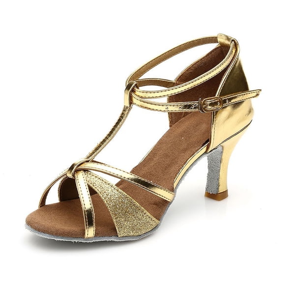 Latin Dance Shoes Soft Sole Ballroom Heels PU Upper Open Toe Slip on Practice Social Dancing Women Footwear