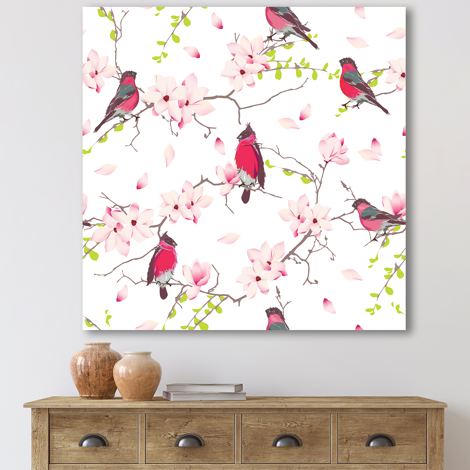 Designart ' Red Bullfinches Sitting On Magnolia Tree ' Traditional Canvas Wall Art Print