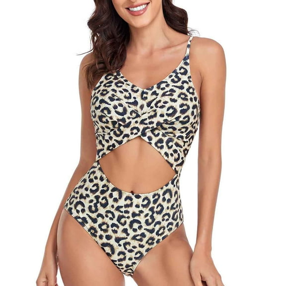 WREESH Womens One Piece Swimsuits Fashionable and Leopard Print Open Belly Swimsuit Sleeveless Bathing Suits Black