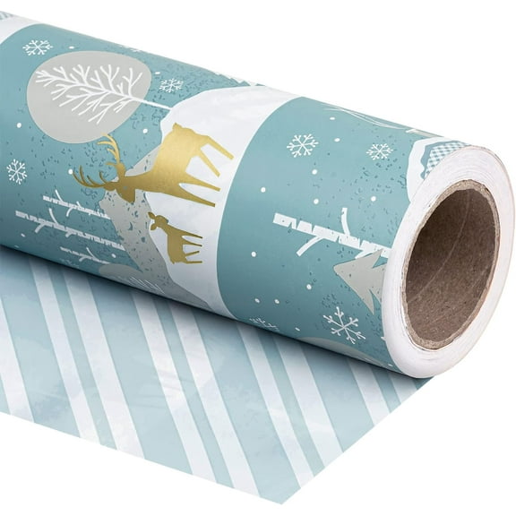 AUR 30 Inch Jumbo Reversible Christmas Wrapping Paper - 30 Inch x 100 Feet Jumbo Roll Blue and White Reindeer Holiday Landscape and Stripe Design for Christmas, Holiday, Party