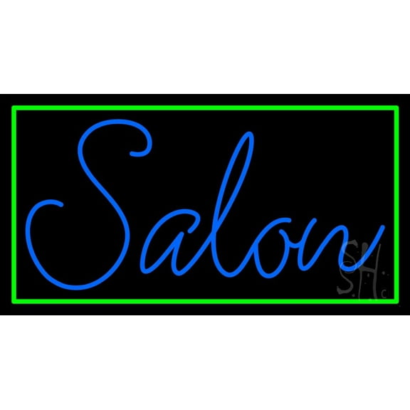 Blue Cursive Salon With Green Border LED Neon Sign 20 x 37 - inches, Black Square Cut Acrylic Backing, with Dimmer - Bright and Premium built indoor LED Neon Sign for Defence Force.
