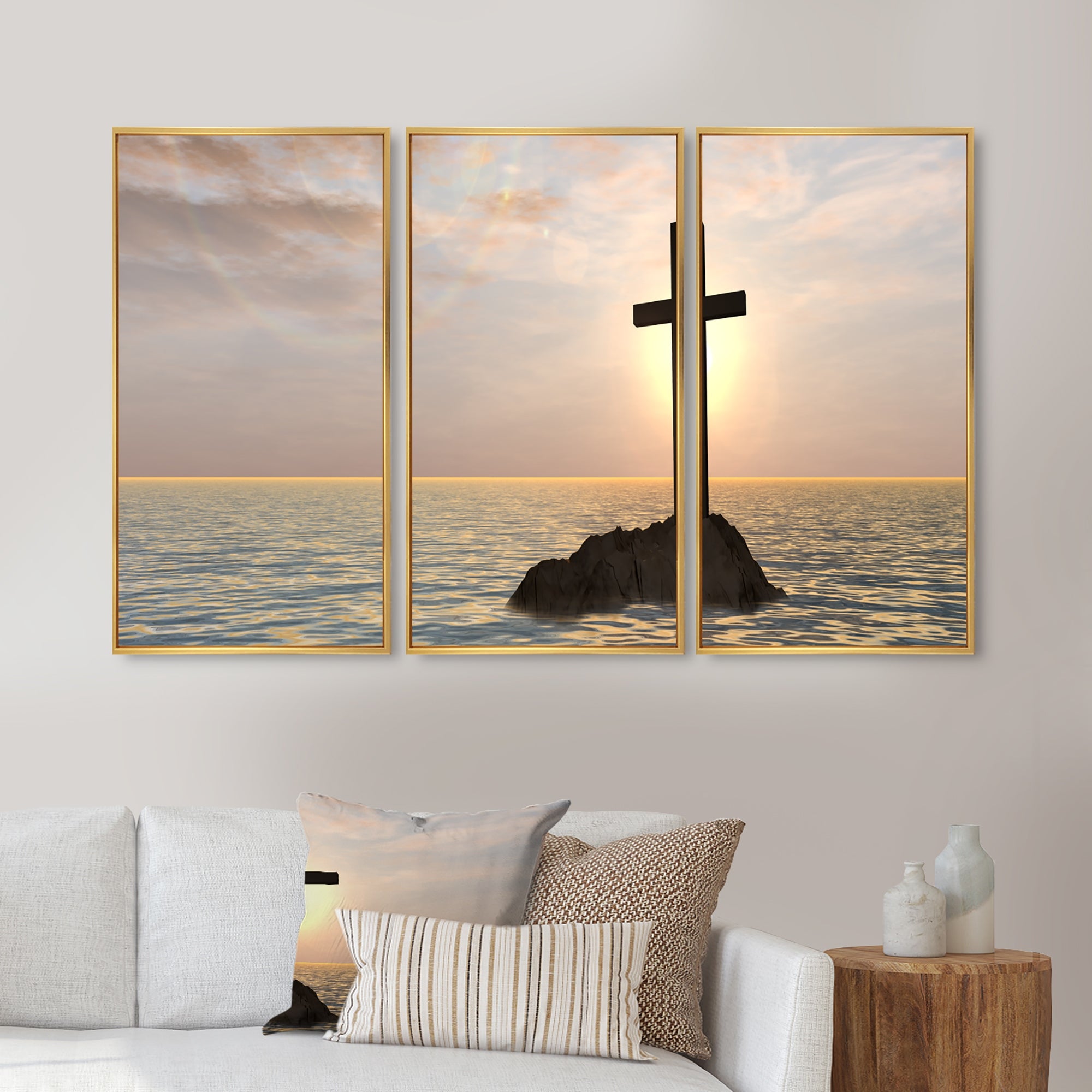 DESIGN ART Designart 'Jesus Christian Cross in Bay View' Religious Framed Wall Art Set of 3 4