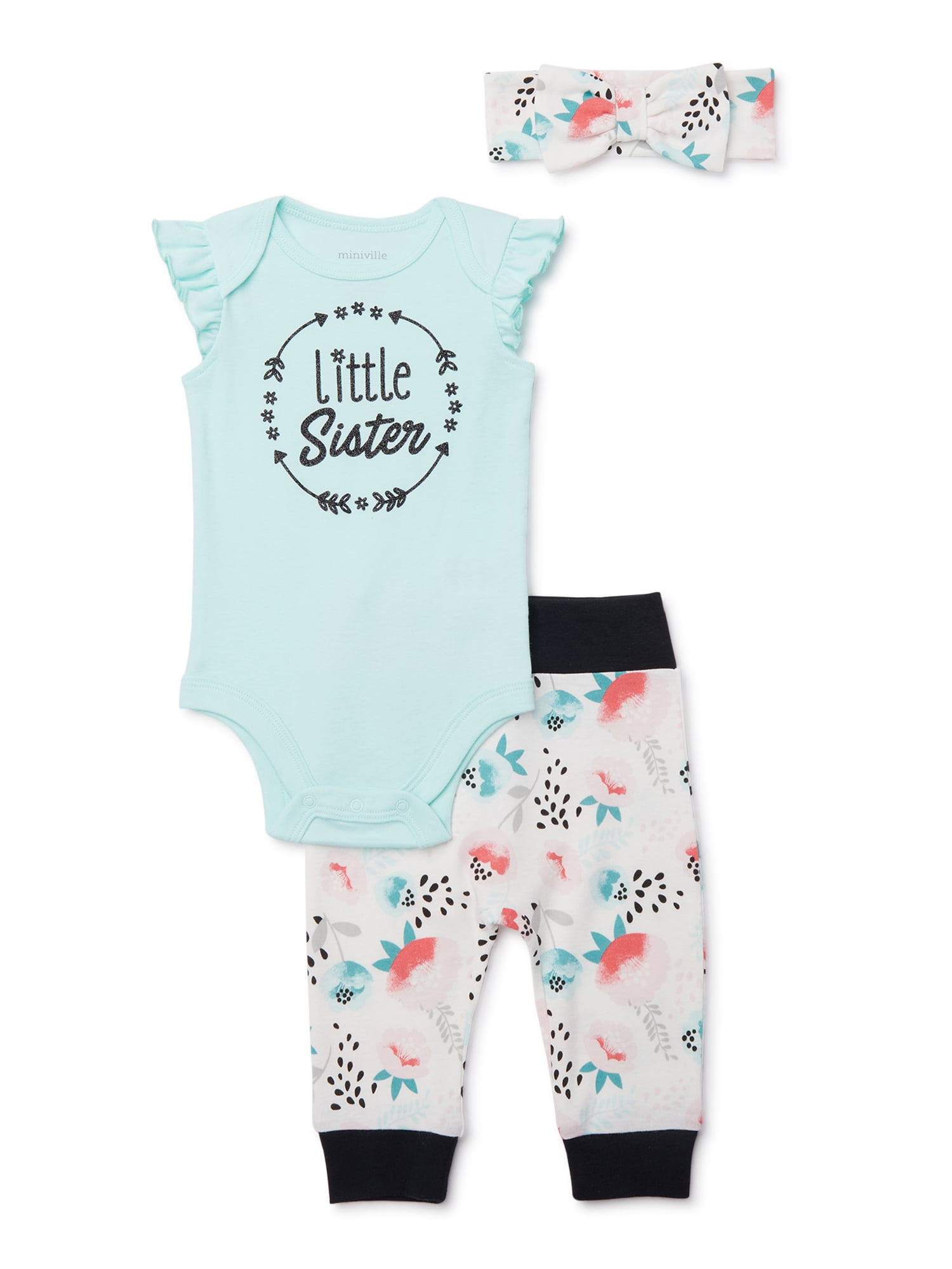 Baby Girl White Blue Floral Bodysuit & Pants Set With Headband 