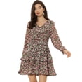 thumbnail image 1 of Vestido floral con cuello en V y manga larga con lazo en la cintura y dobladillo con volantes en capas Rosa Negro XL, 1 of 5