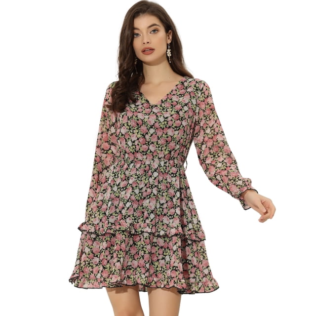 Vestido floral con cuello en V y manga larga con lazo en la cintura y dobladillo con volantes en capas Rosa Negro XL