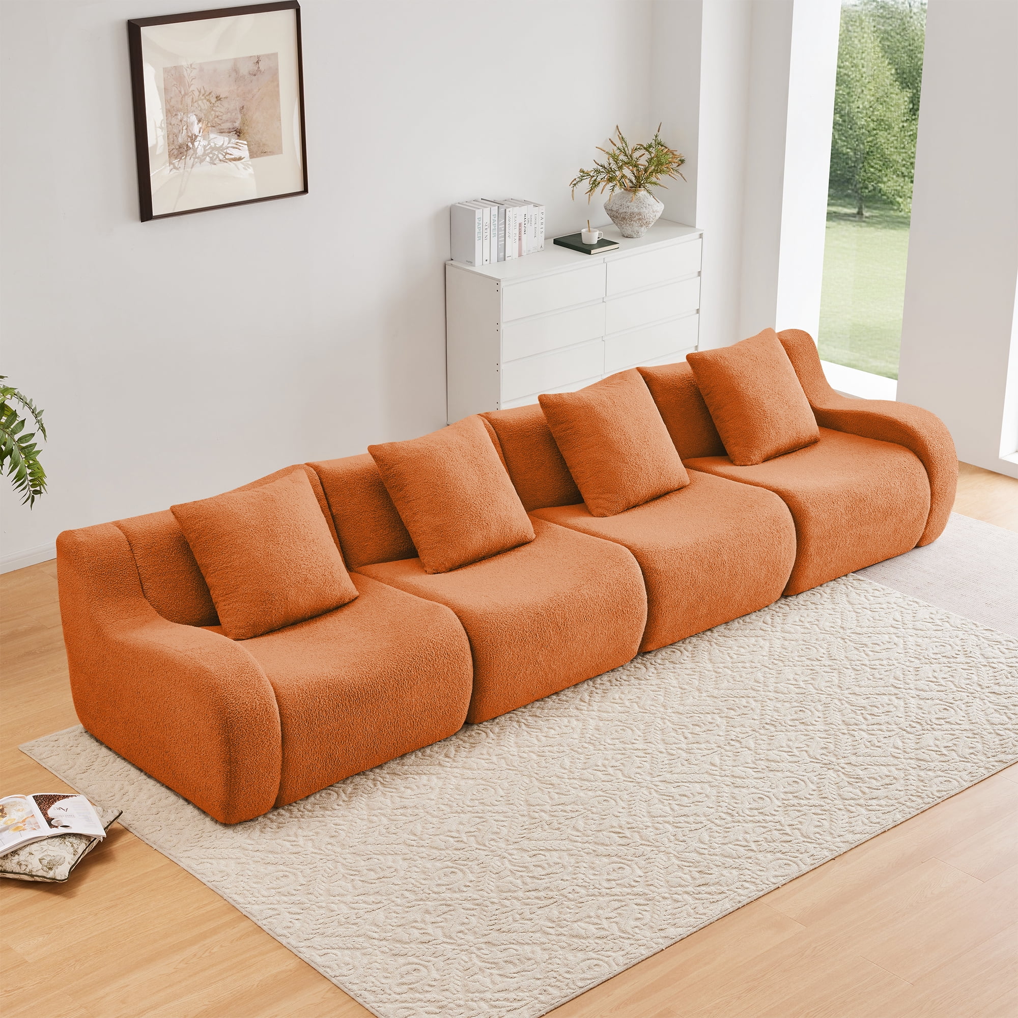 MAYEERTY 148" 4-Seat Teddy Fabric Boneless Sofa, Orange 300lbs/seat 32D Foam No Assembly Curved Armrest Couch for Living Room Study