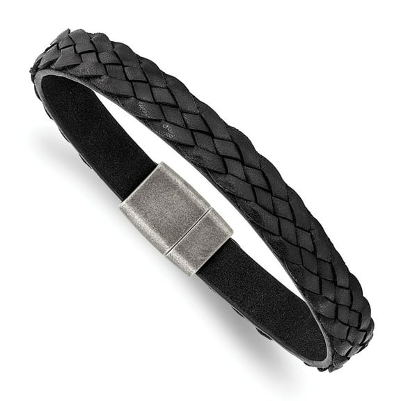Primal Steel Stainless Steel Antiqued Black Braided Leather 8.25 Inch Bracelet