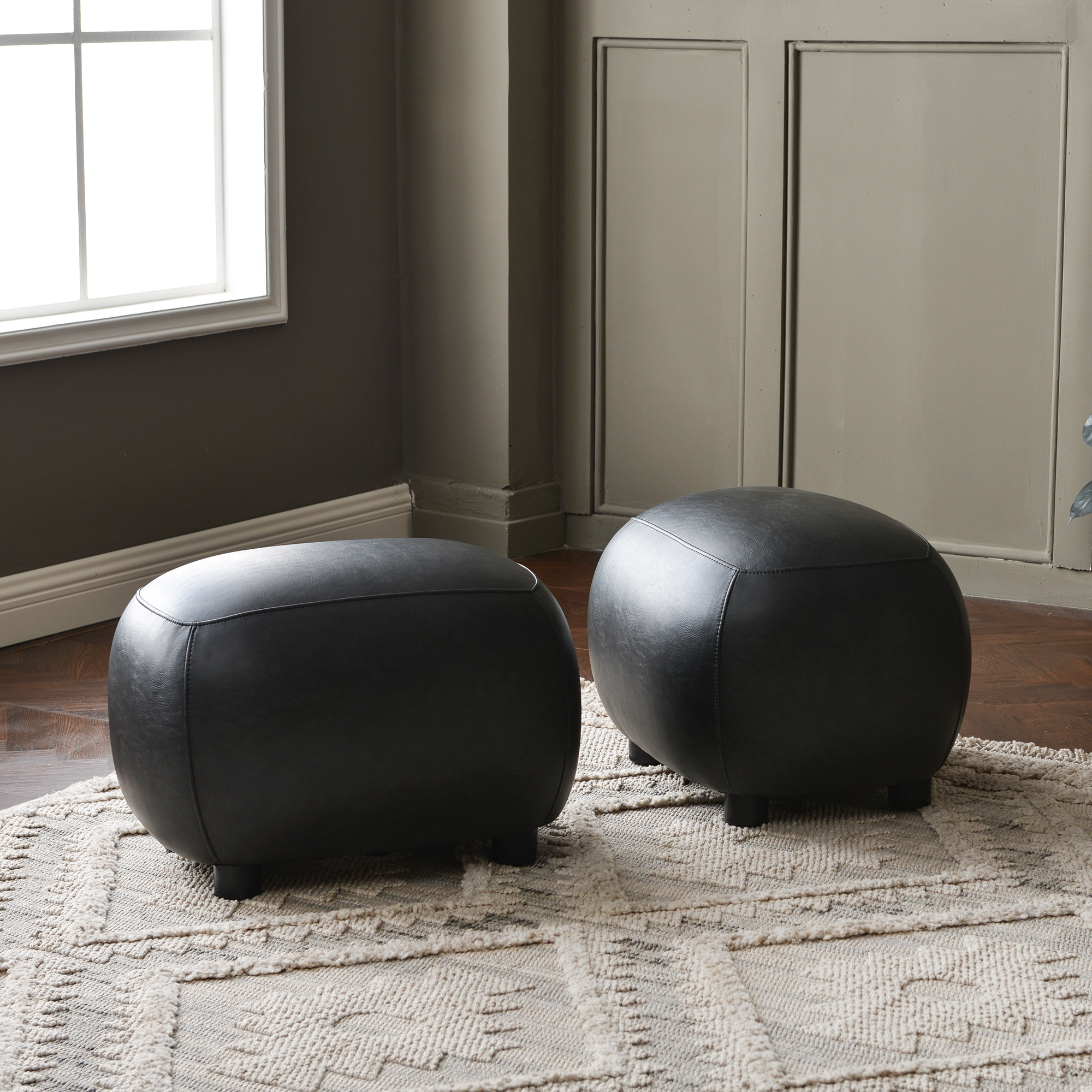 23" Wide Faux Leather Upholstered Ottoman Set of 2, Mid-Century Modern Living Room Footrest with Soft Padded Seat, Footstool for Bedroom, Entryway or Living Room, Black