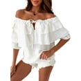 thumbnail image 2 of hirigin Women Fashion Wild Shirts Solid Color Boat-Neck Off-Shoulder Half Sleeve Chiffon Blouses Summer Casual Ruffles Tie-Up Tops, 2 of 5