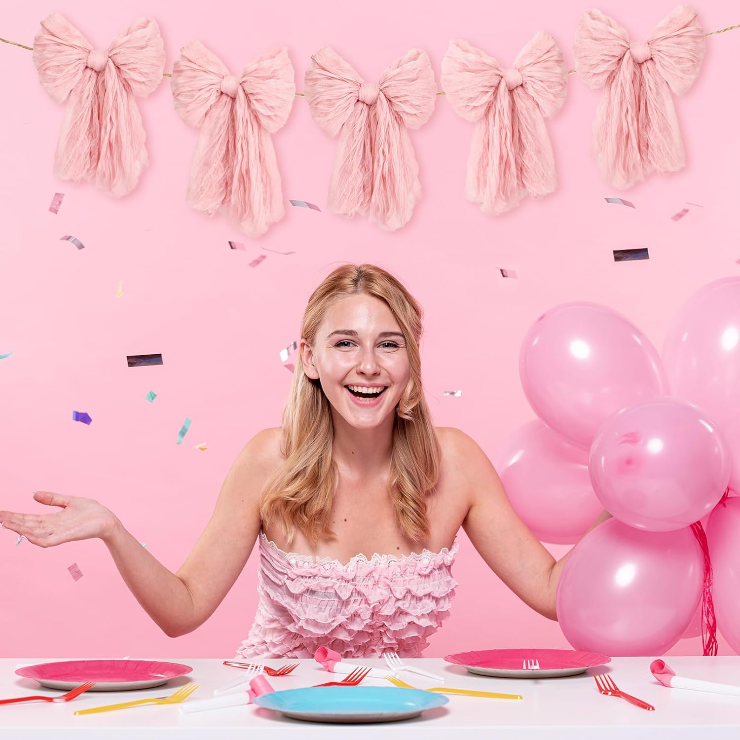 Dalrosia Large Bow Garland Banners for Coquette Birthday Party Decorations-Bow Themed Birthday Decor for Baby Shower Bridal Shower Bachelorette Party Wedding Favors Supplies