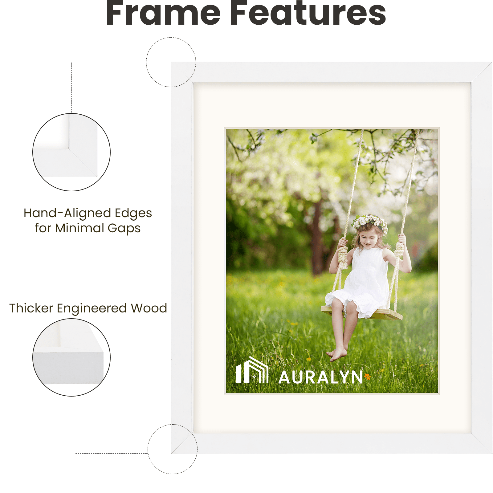 AURALYN 11x14 Picture Frame Set of 3 – Fits 8x10 with Mat or 11x14 Without Mat – Easy to Hang, Finger-Friendly, Includes Hanging Kit (White Wood Grain, 3 Pack)