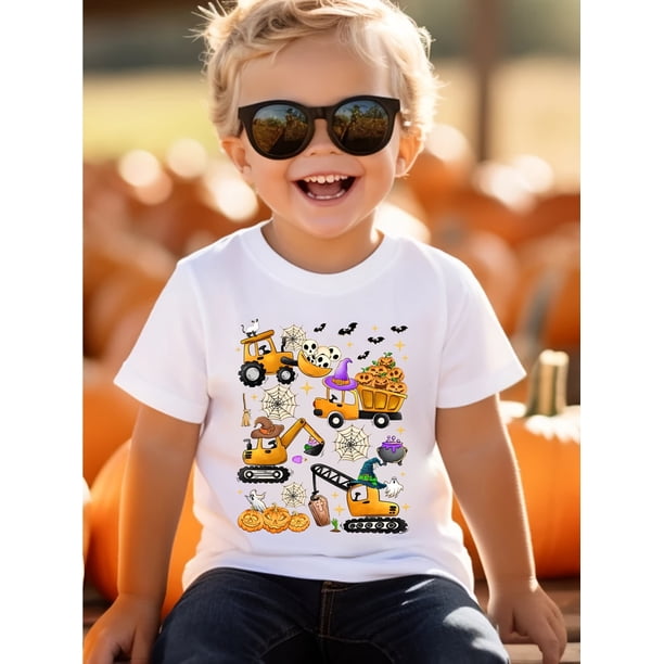 Halloween T-shirt - Halloween Construction Crane Truck Pumpkin Themed Excavator Print Short Sleeve Casual Boys' T-Shirt