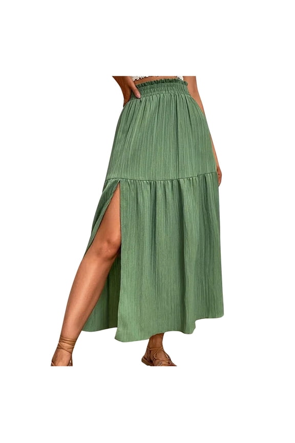 Smocked Waist Ruffle Hem Slit Midi Skirt for Women Solid Color Fashionable Half Skirt