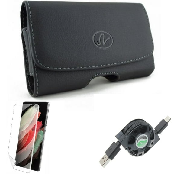 Matte Screen Protector w Case Belt Clip w USB Cable for Samsung Galaxy S21 Plus - TPU Film Anti-Glare, Leather Swivel, Retractable Type-C Accessory Bundle