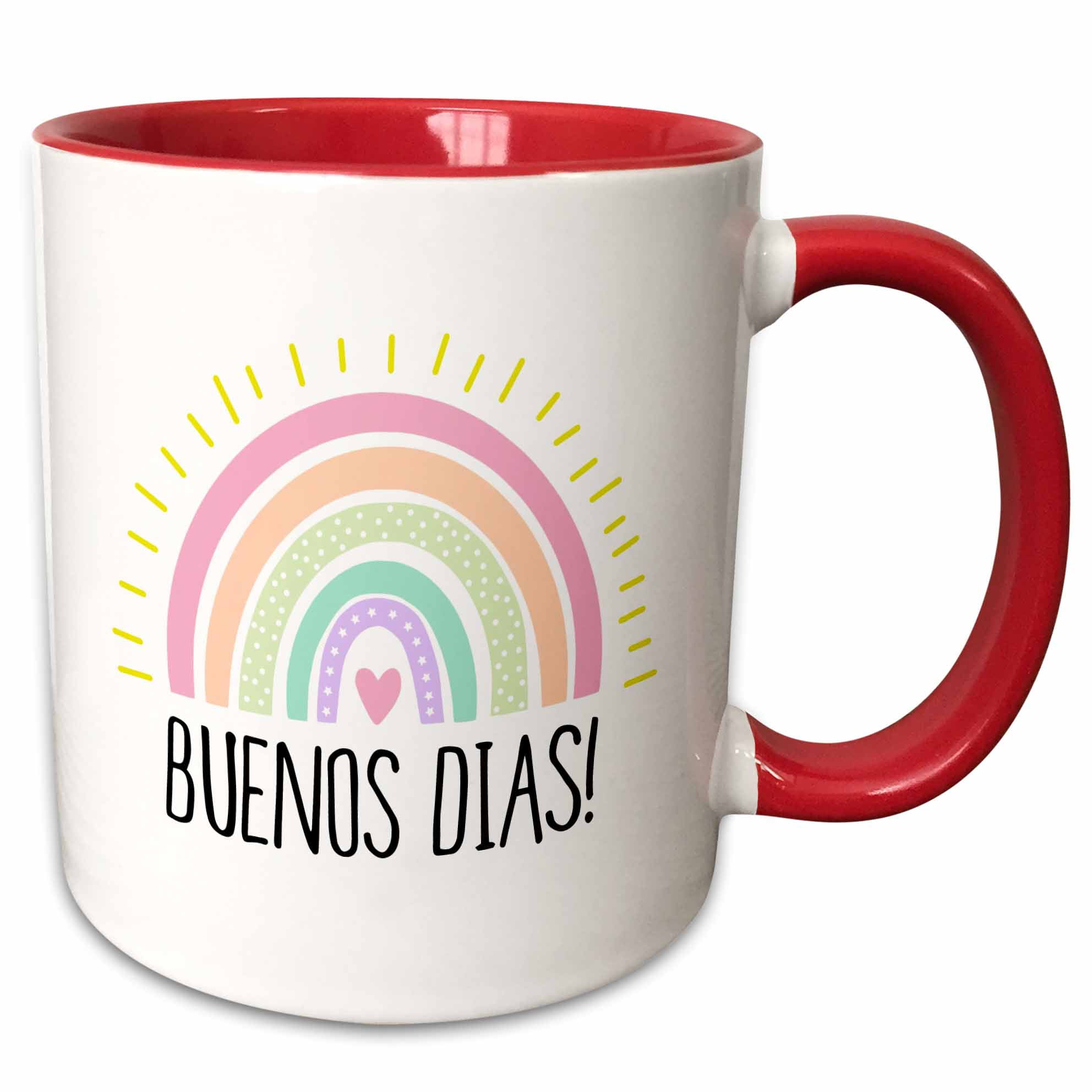 3drose, Buenos Dias - Good Day or Good Morning in Spanish - Beautiful Rainbow, 15oz Two-tone Red Mug