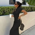 thumbnail image 2 of Wycnly Dresses for Women 2025 Fall Comfort Knitted Ribbed Club Party Sexy Bodycon Slit Dresses Solid Short Sleeve V-Neck Long Formal Dresses for Women Black s, 2 of 6
