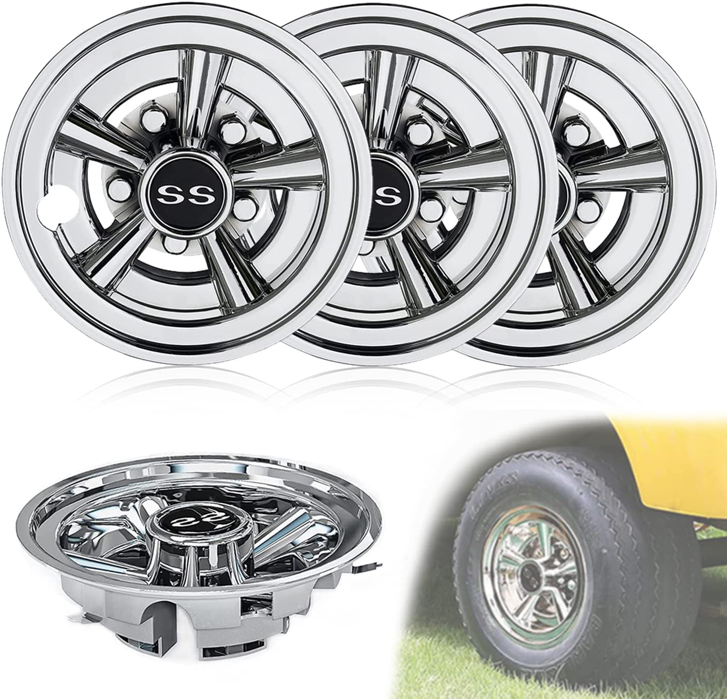 Premium Golf Cart Hubcaps, 8 Inch SS Chrome Golf Cart Hub Caps Set of 4