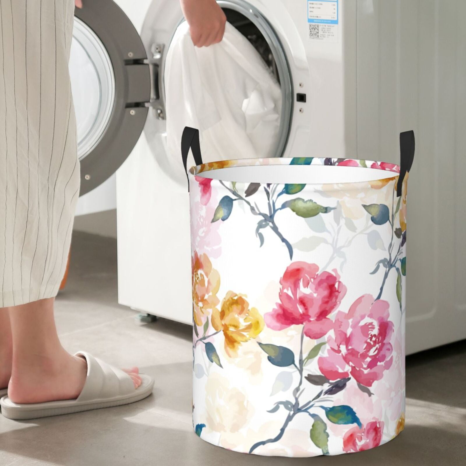 Rateoe Colorful Flowers Pattern Round Laundry Hamper Basket, Tall Hamper Basket for Blanket Storage, Nursery Clothes Hamper for Laundry in Bedroom and College Dorm-Medium
