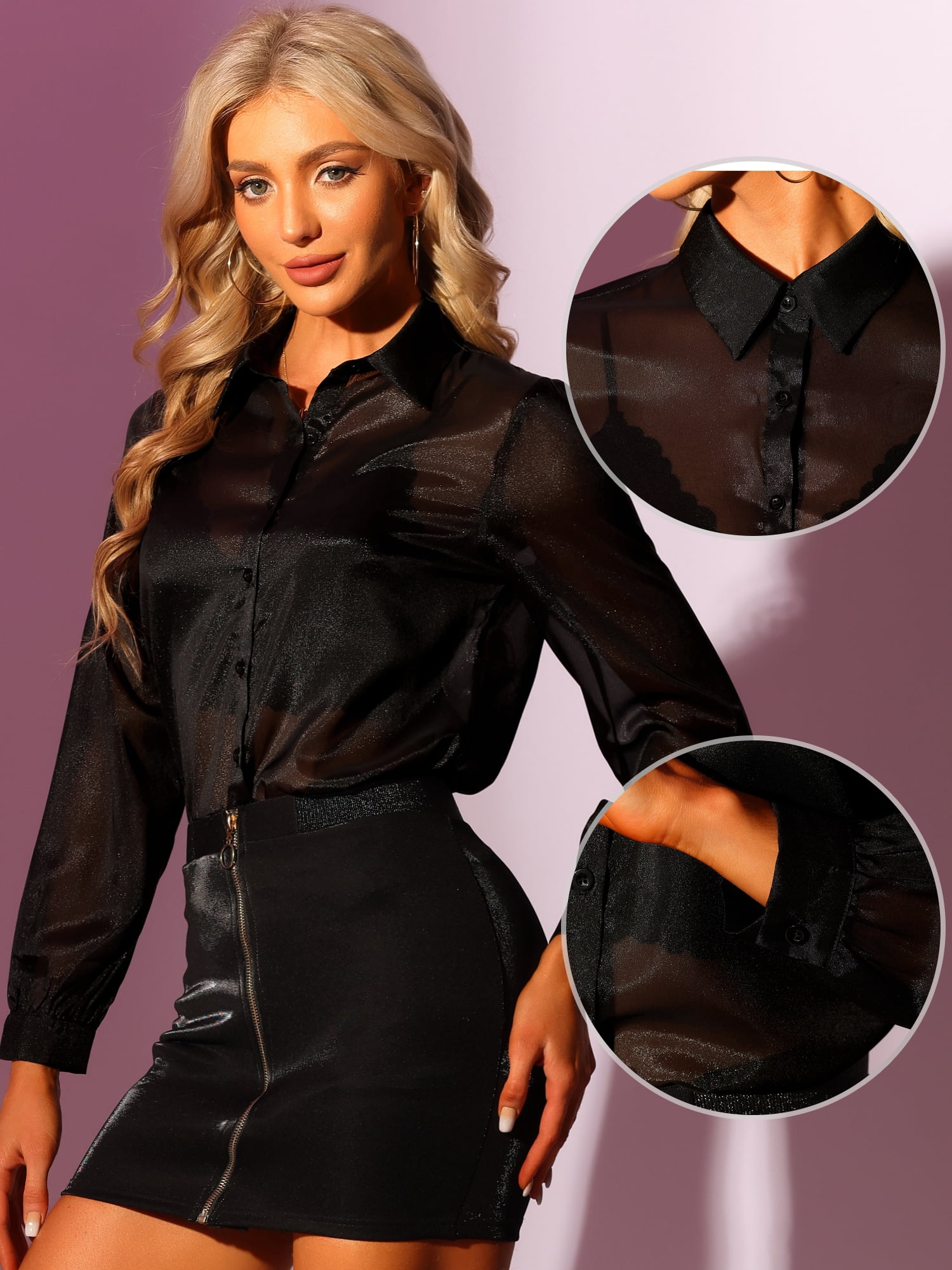 DARING DIVA Women's Mesh Sheer Tops Point Collar Button Down Shirt 2XL Black