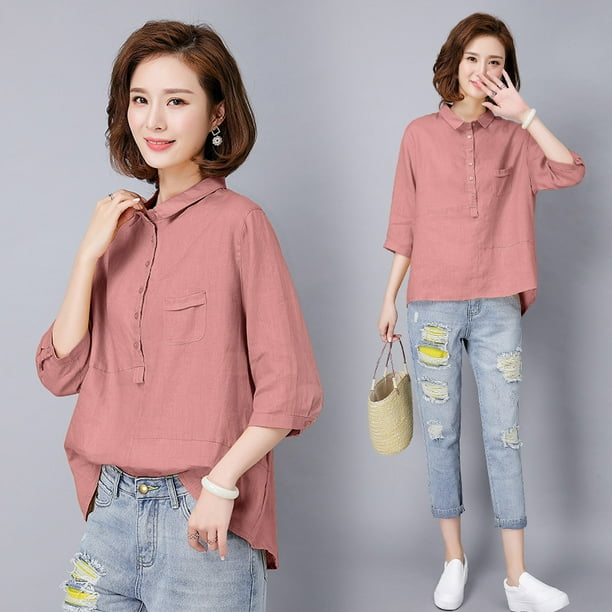 THREE - Pink Shirt Poplin Plain Collared Wide Sleeve Long Tunic With Pant  For Women