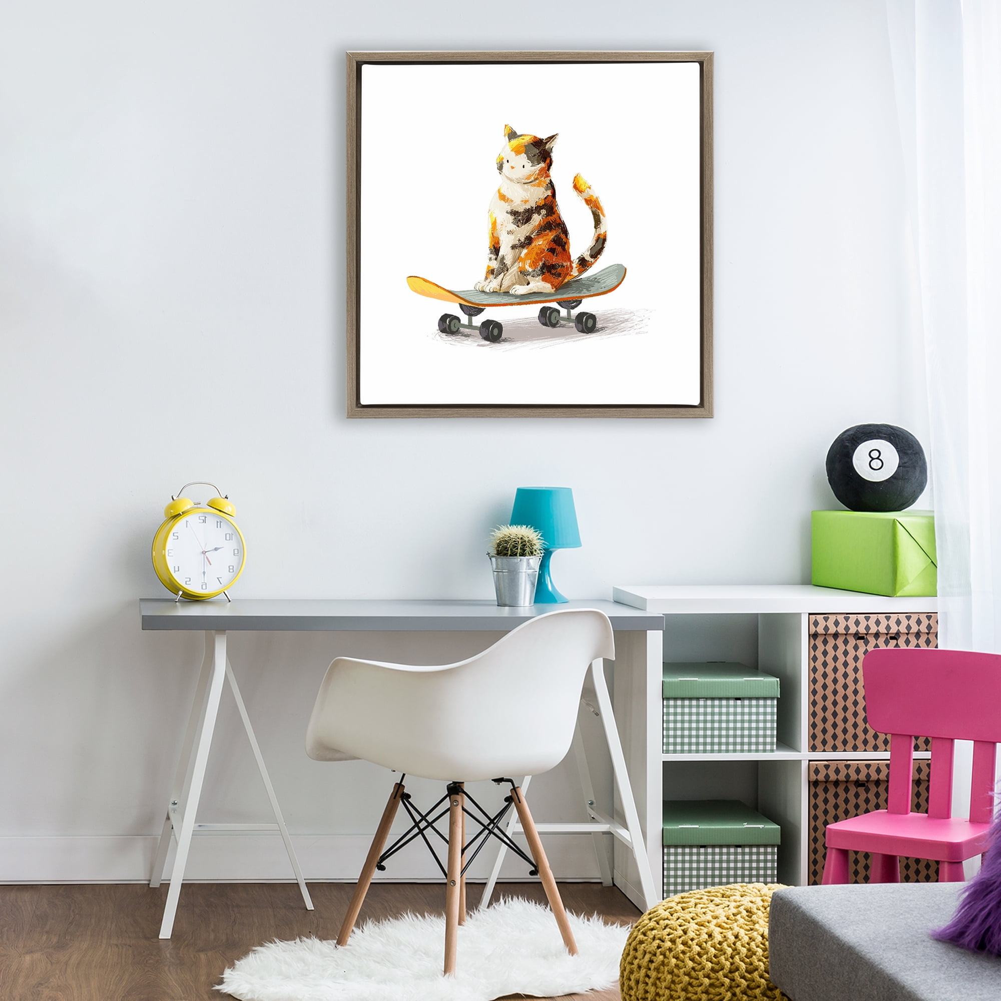 Stupell Industries Calico Cat on Skateboard Brown Framed Floater Canvas Wall Art, design by Ziwei Li