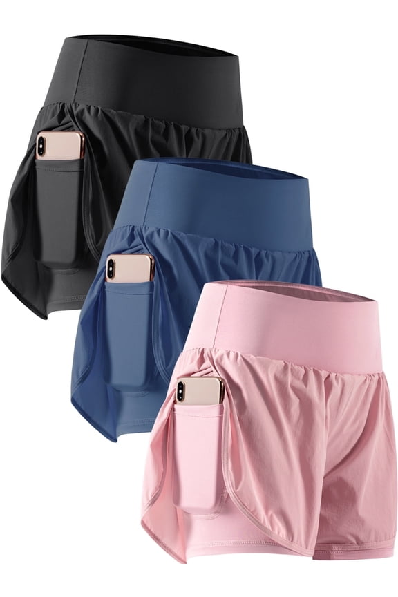 Plus Size 2 in 1 Women's Workout Shorts for Athletic Gym Running Shorts with Phone Pockets,3 Pack, Black,Navy,Pink,2XL