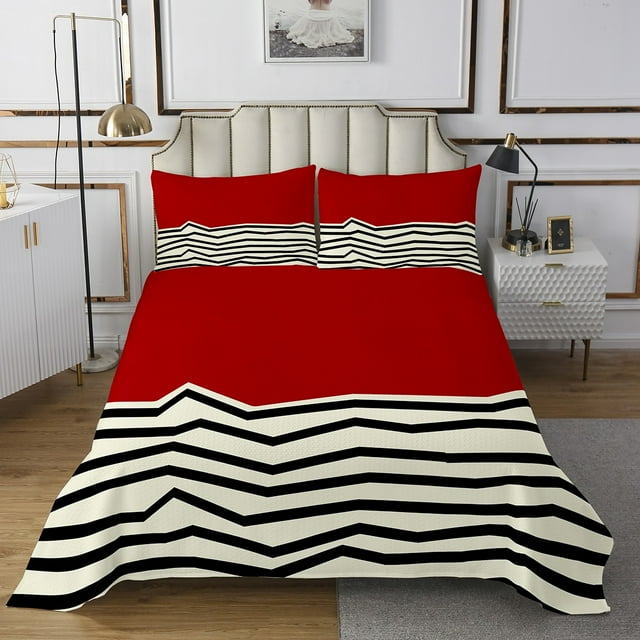 Erosebridal Ensembles de Courtepointe à Rayures Tourbillonnantes Géométriques pour Lit Simple, Ensemble de Literie à Lignes Géométriques Simples, Ensemble de Couvre-Lit Rouge et Blanc Simple, Décoration de Chambre Respirante, 2 Pcs